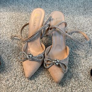 Lulu's Beige Rhinestone Bow Heels